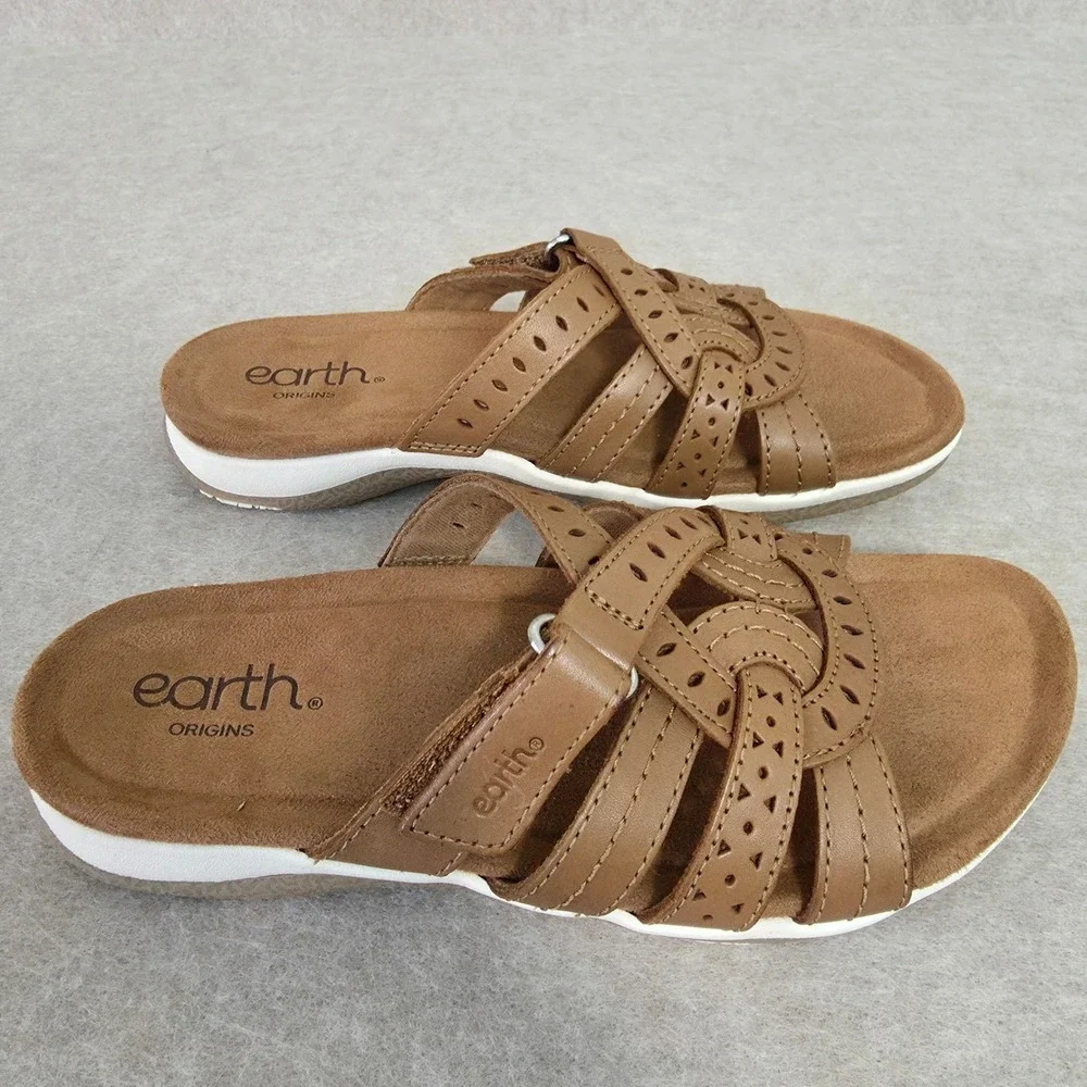 Earth Origins Leather Slip‎ On Flat Sandals Sz 7M Sassoni Comfort Casual Boho
